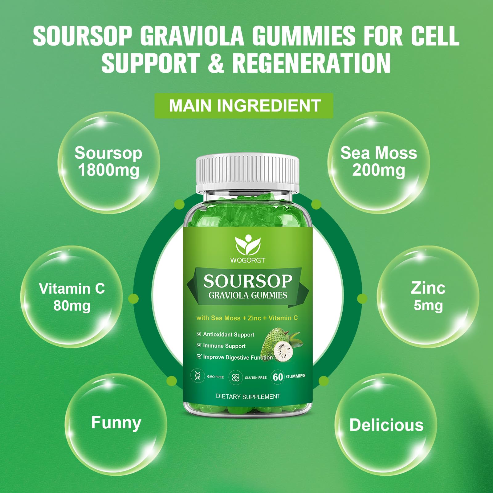 WOGORGT Soursop gummies with vitamin C and zinc for everyday vitality.