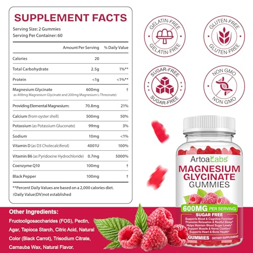 WOJBALMN Magnesium Glycinate Gummies bottle back reveals supplement facts and key nutrients.