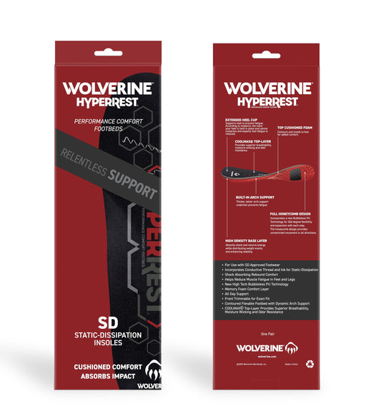 WOLVERINE HyperREST SD insoles showing breathable Coolmax top layer for dry feet during long shifts.