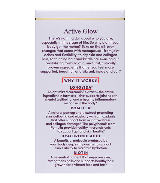 Womaness Active Glow capsules closeup highlighting beauty-supporting nutrients