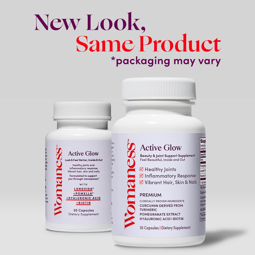 Womaness Active Glow packaging box featuring vegan, menopause-friendly formula