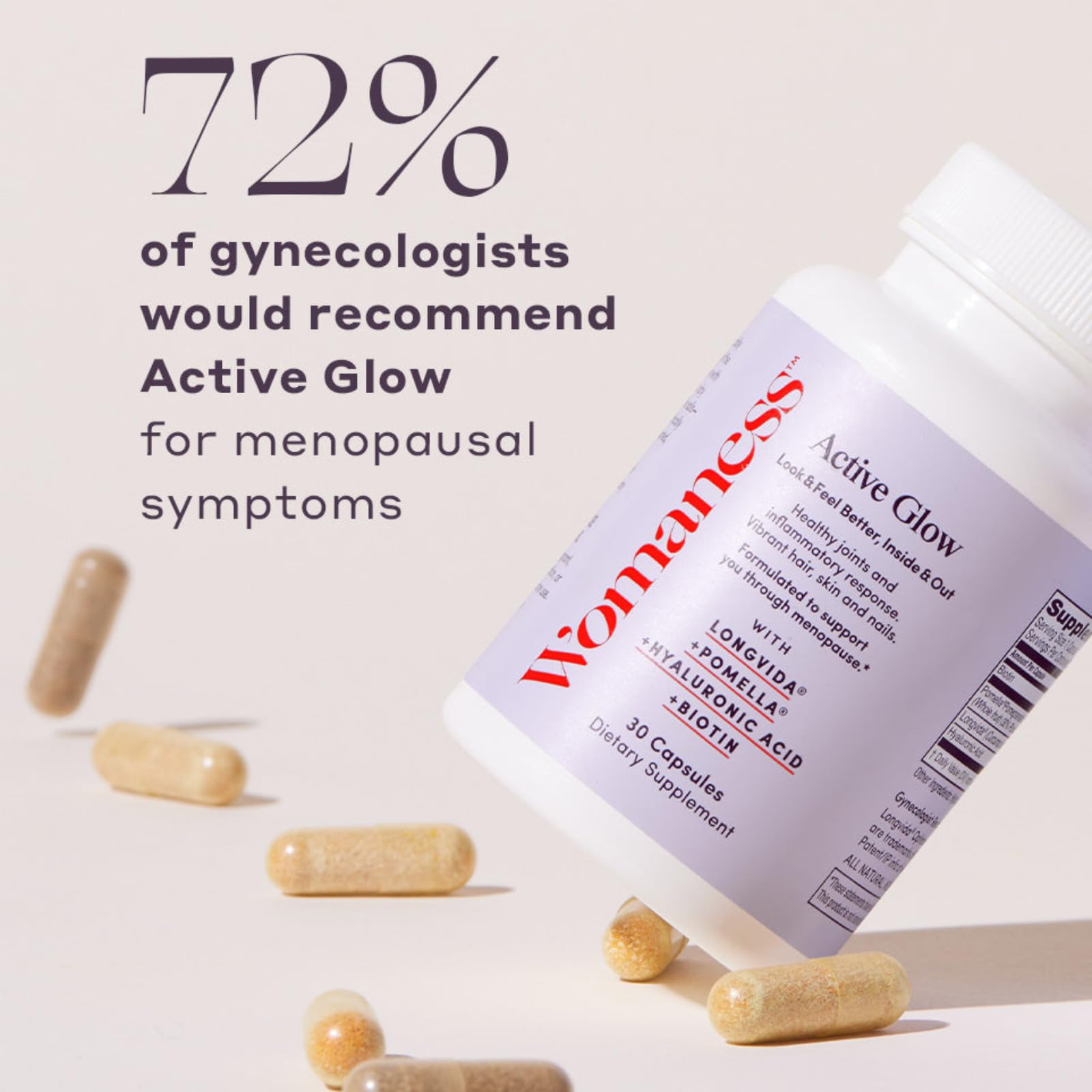 Womaness Active Glow skin glow closeup illustrating hydration and elasticity