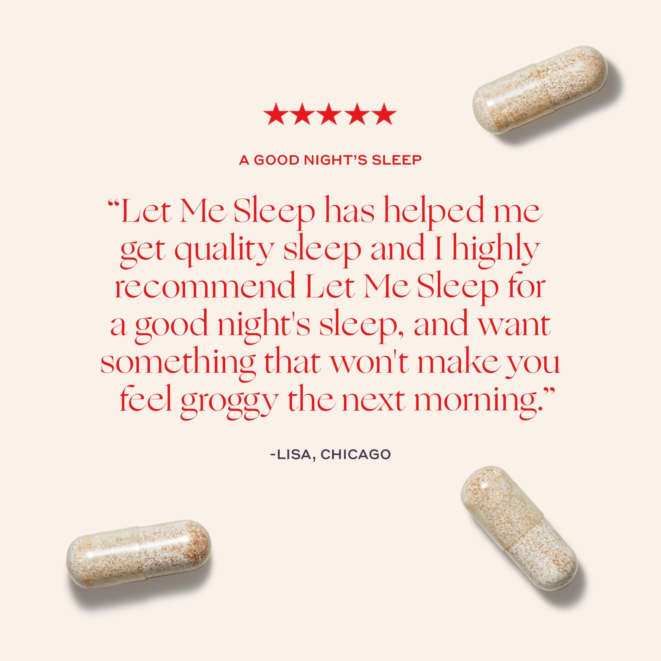 Capsules inside Let Me Sleep bottle with soft lighting.