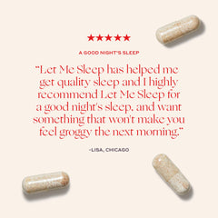 Capsules inside Let Me Sleep bottle with soft lighting.