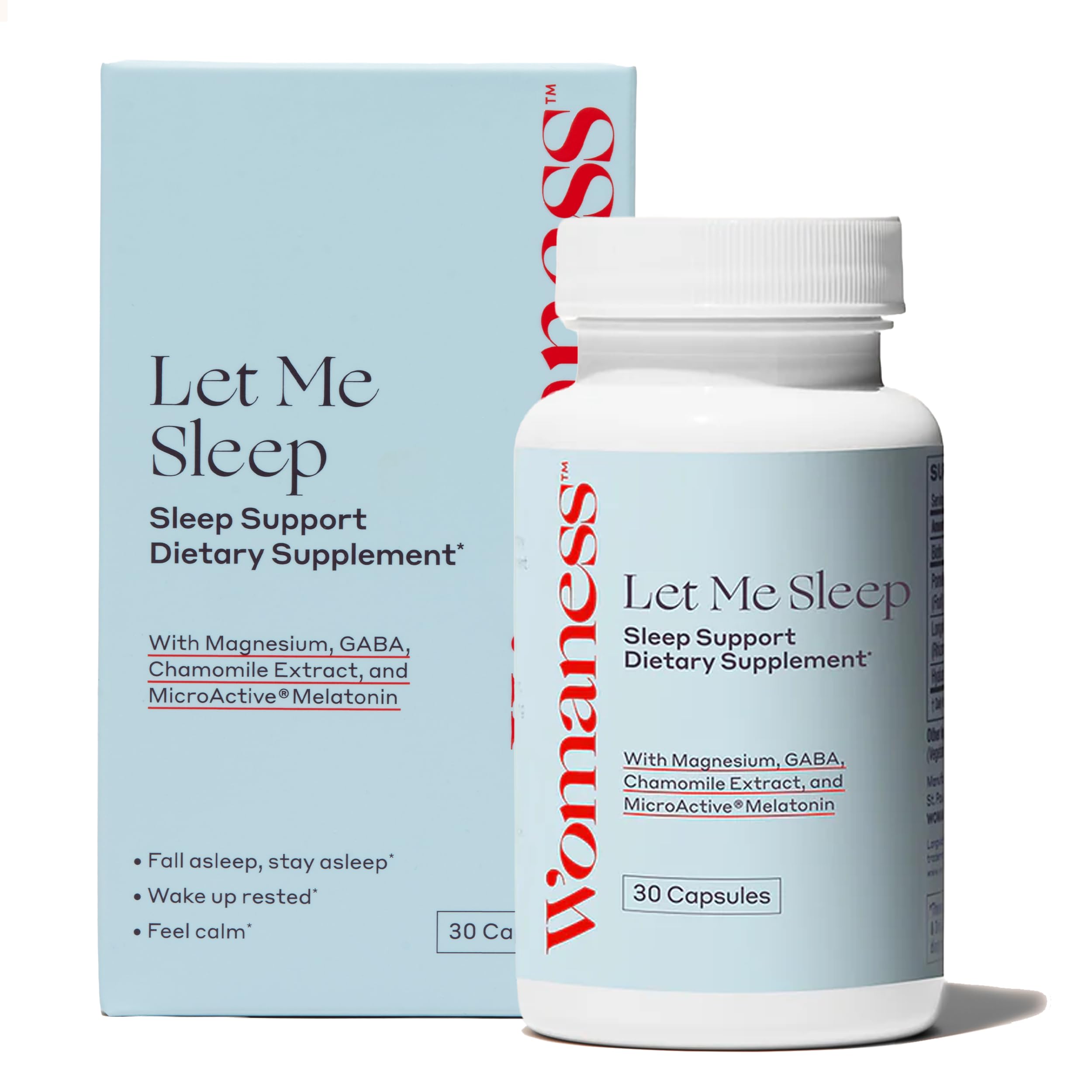Womaness Let Me Sleep melatonin bottle promotes nighttime rest.