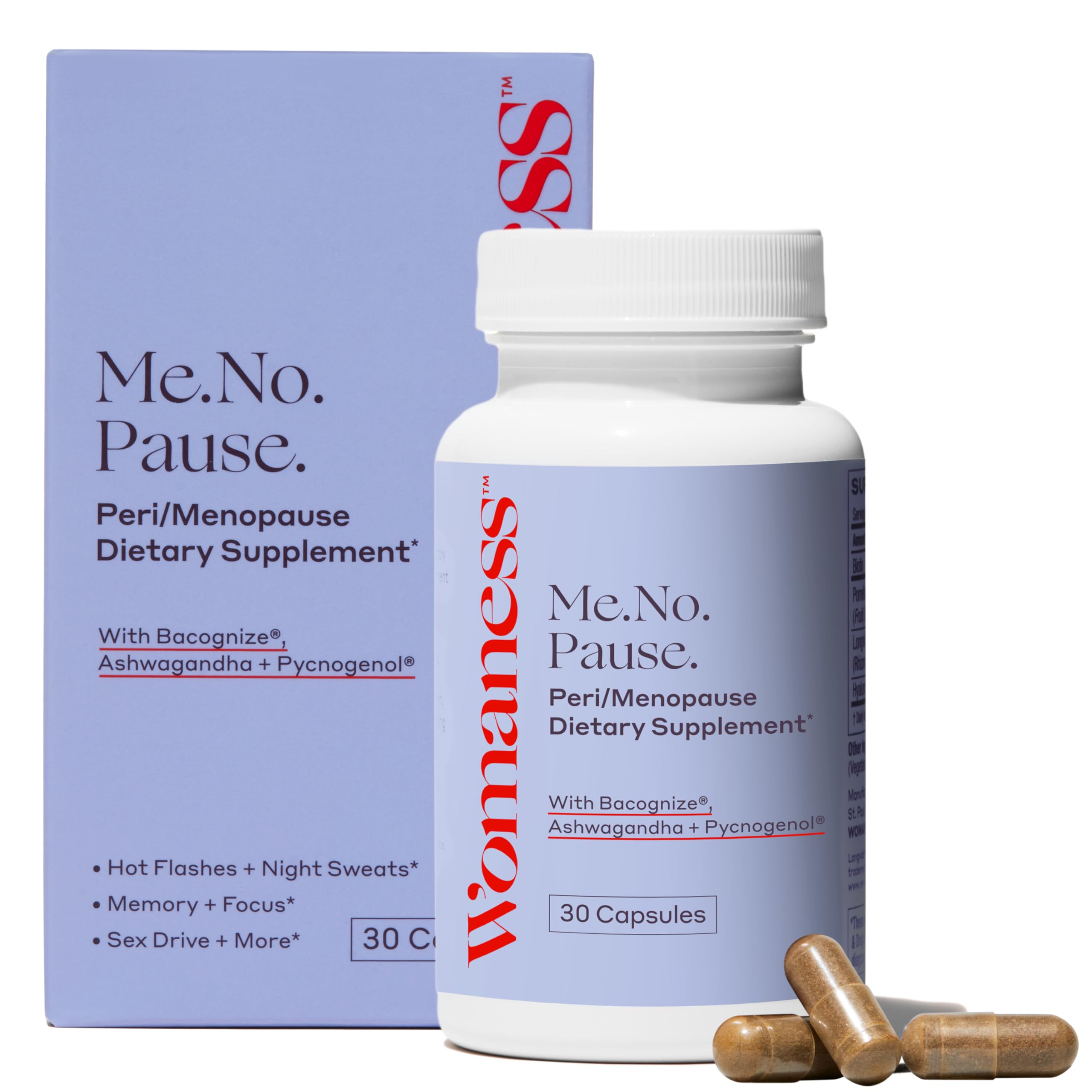 Womaness menopause supplements bottle for daily balance and comfort.