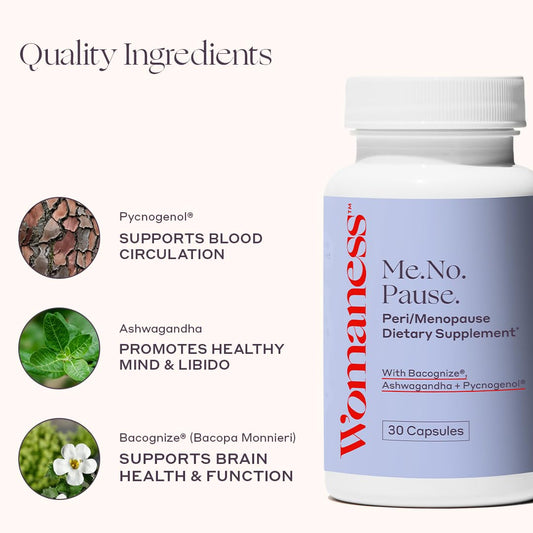 Close-up of Womaness label on menopause supplements for informed daily use.