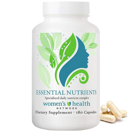 Women's Health Network Essential Nutrients bottle – daily multivitamin capsules for energy support.