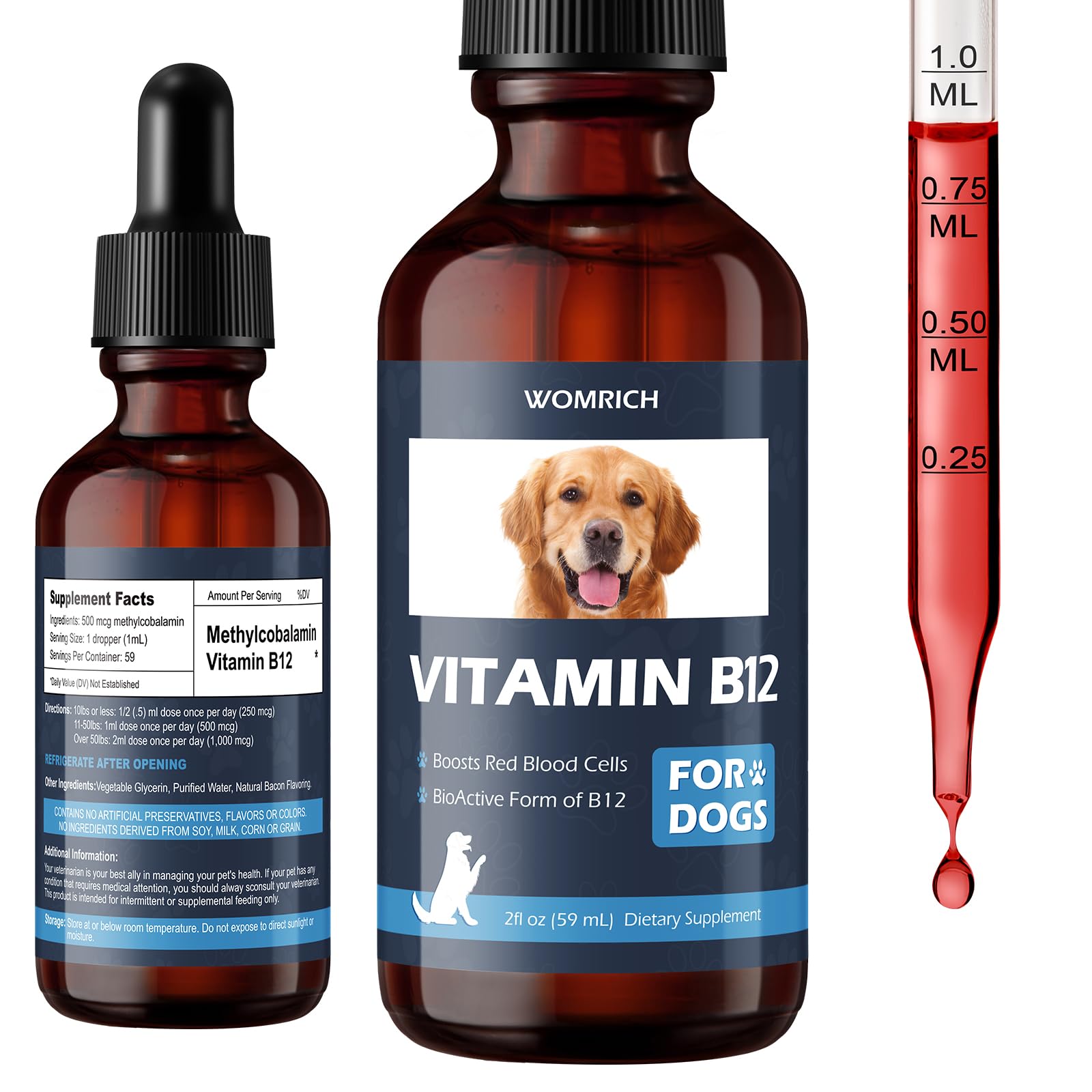 WOMRICH B12 for dogs bottle pour supports appetite and digestive comfort.