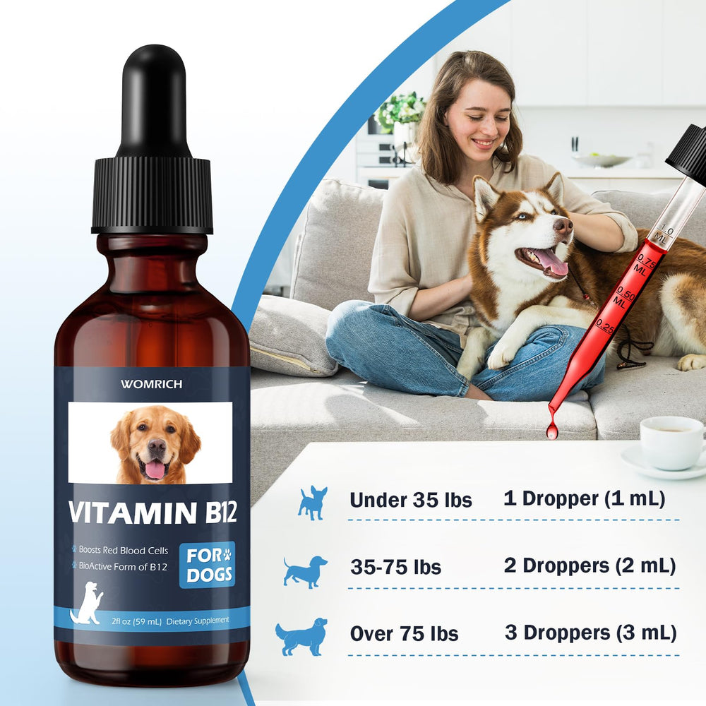 WOMRICH bioactive methylcobalamin dog liquid bottle closeup emphasizes rapid absorption.