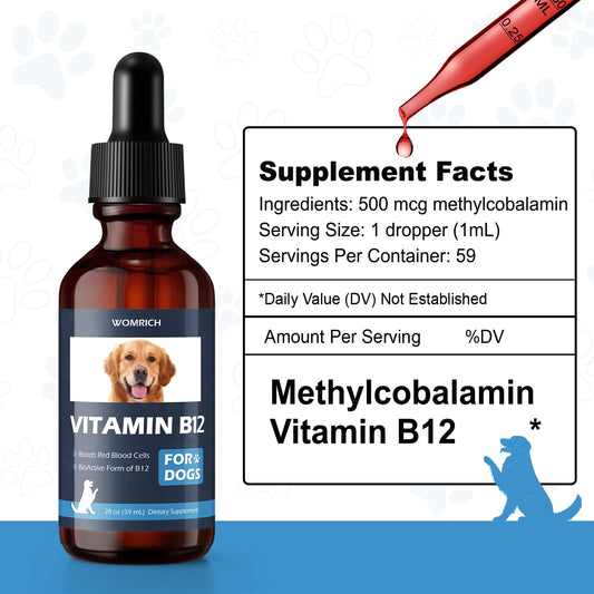 WOMRICH B12 dog liquid dropper illustrates energy support for active days.