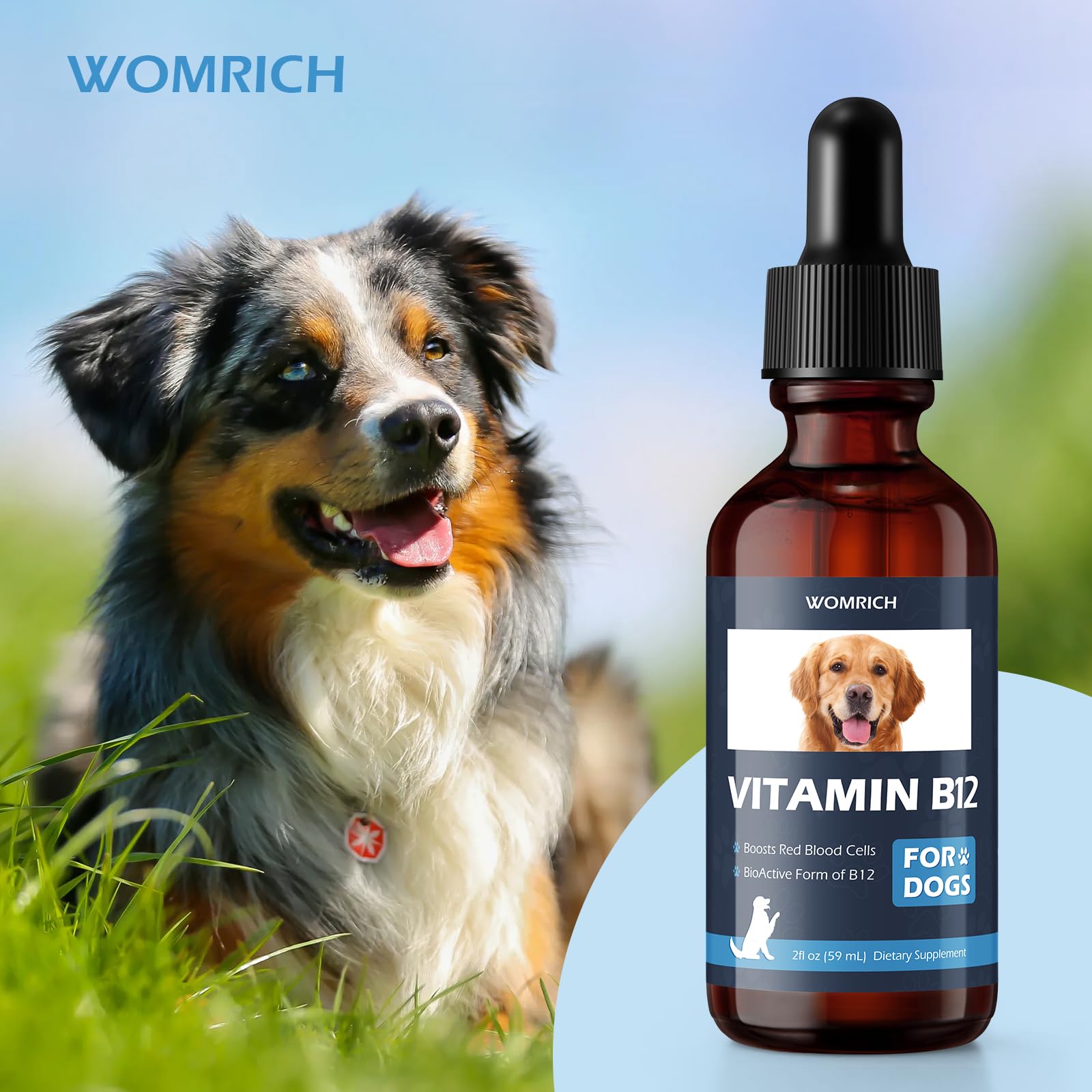 WOMRICH senior puppy care B12 liquid bottle with dropper suggesting gentle dosing.