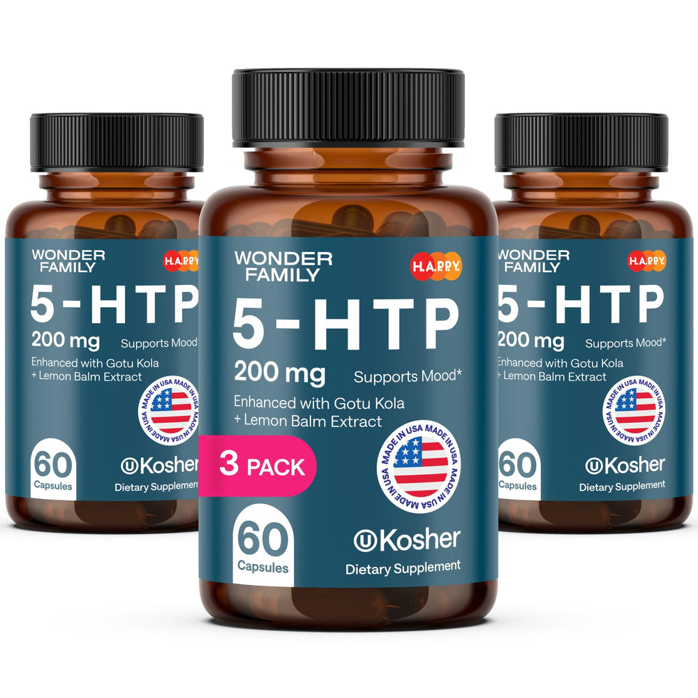 Wonder Family 5-HTP 200mg bottle pour, supports calm mood and restful nights.