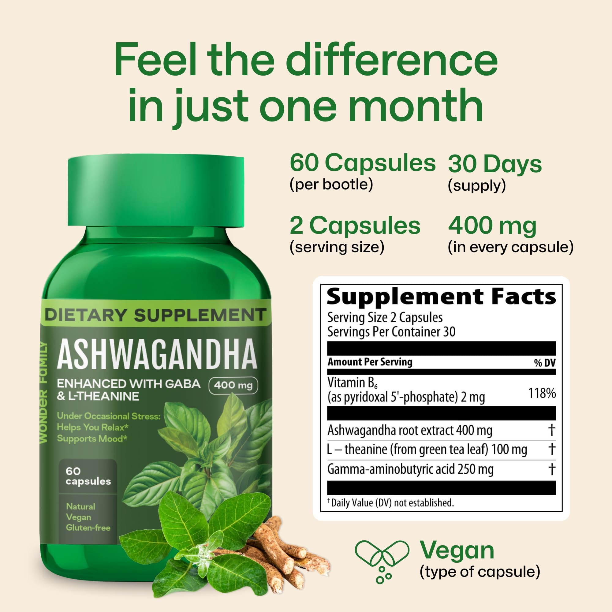 Wonder Family Ashwagandha Complex capsules close-up highlighting easy-to-swallow pills.