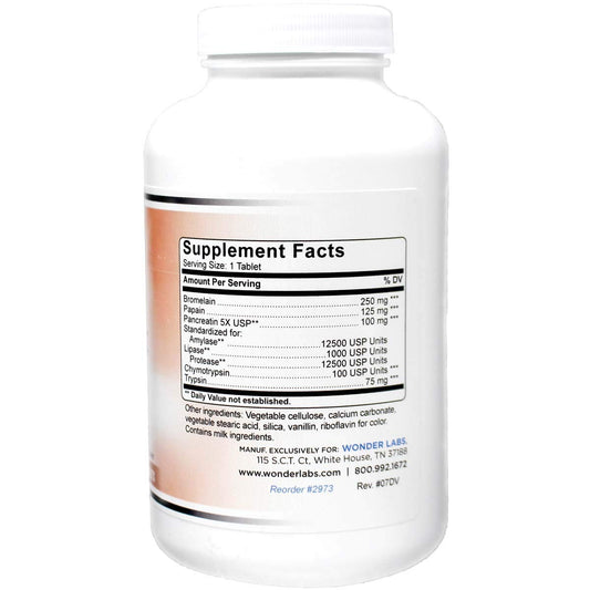 Wonder Laboratories proteolytic enzymes tablets close-up, ready for daily use.