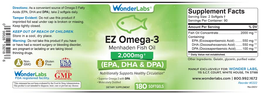 Wonder Laboratories EZ Omega-3 capsules close-up showing balanced EPA, DHA, DPA nutrients.
