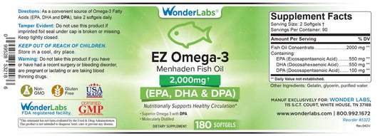 Wonder Laboratories EZ Omega-3 capsules close-up showing balanced EPA, DHA, DPA nutrients.