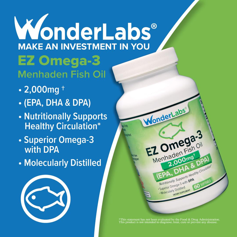 Wonder Laboratories EZ Omega-3 label highlighting pharmaceutical-grade quality and non-GMO features.