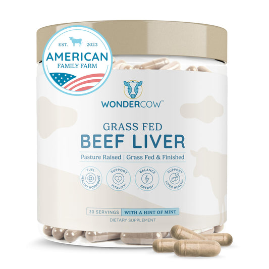WonderCow beef liver capsules in a grass-fed bottle for daily energy.
