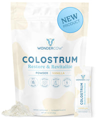 WonderCow colostrum powder bottle front for daily wellness and gut support
