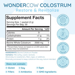 WonderCow label close-up highlighting purity and whole colostrum.