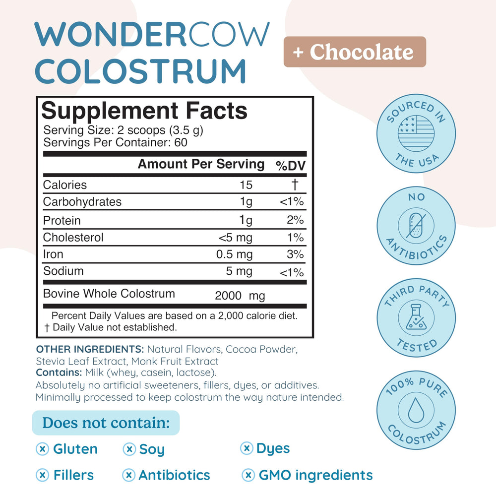 WonderCow colostrum powder scoop highlighting easy daily serving for gut health and recovery.