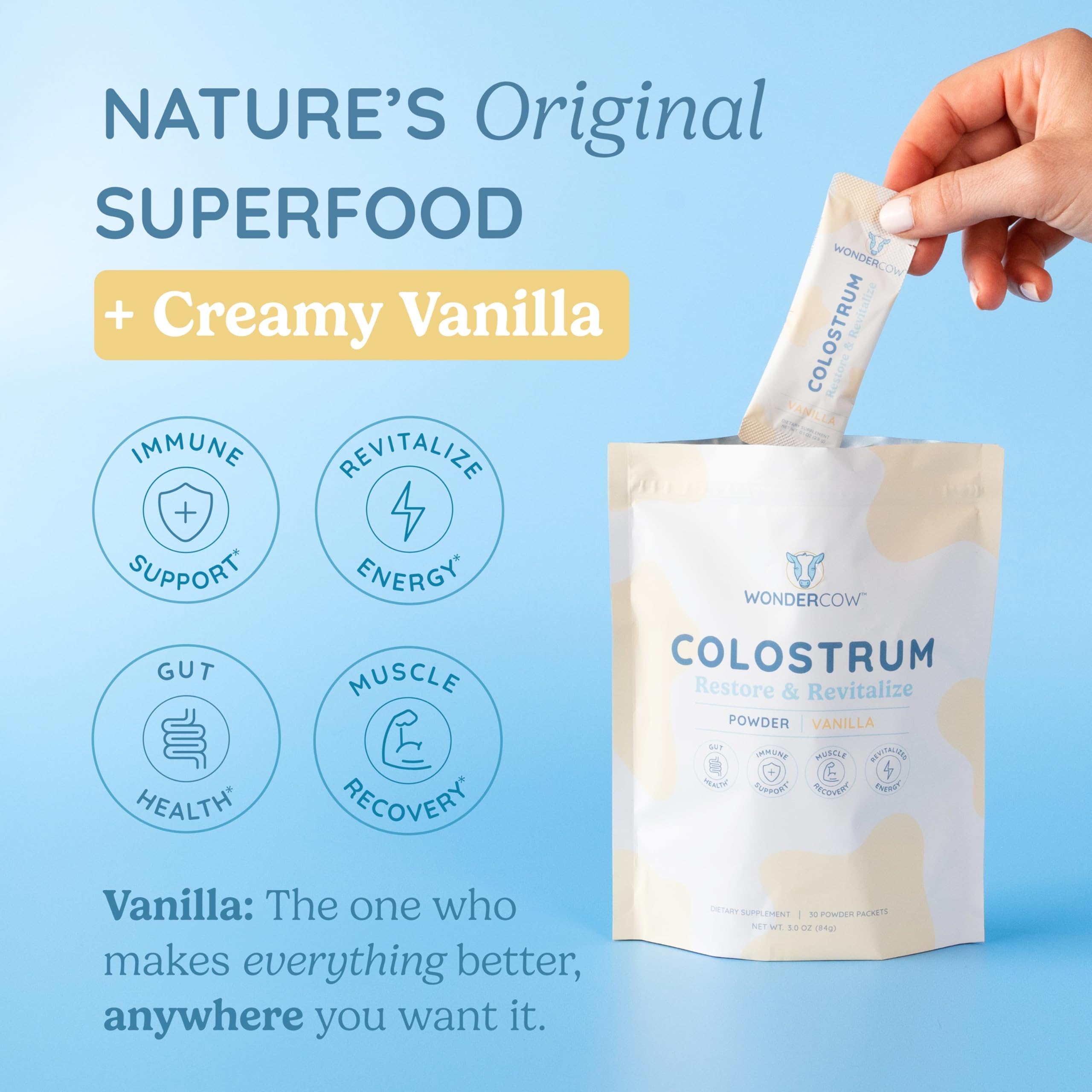 WonderCow vanilla powder with scoop blends into shakes for daily nutrition
