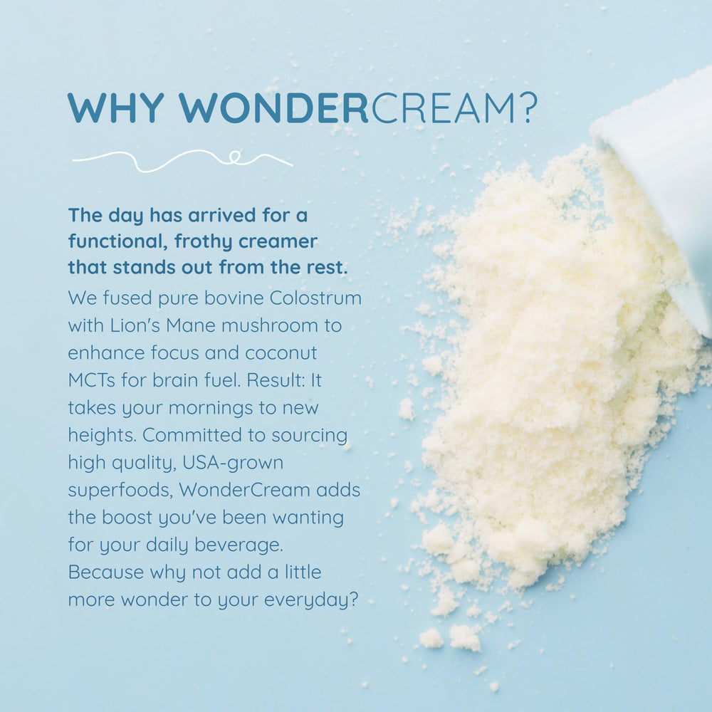 Scoop of WONDERCOW WonderCream beside a mug, emphasizing quick daily mix-in.