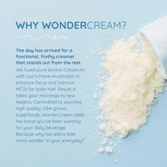 Scoop of WONDERCOW WonderCream beside a mug, emphasizing quick daily mix-in.