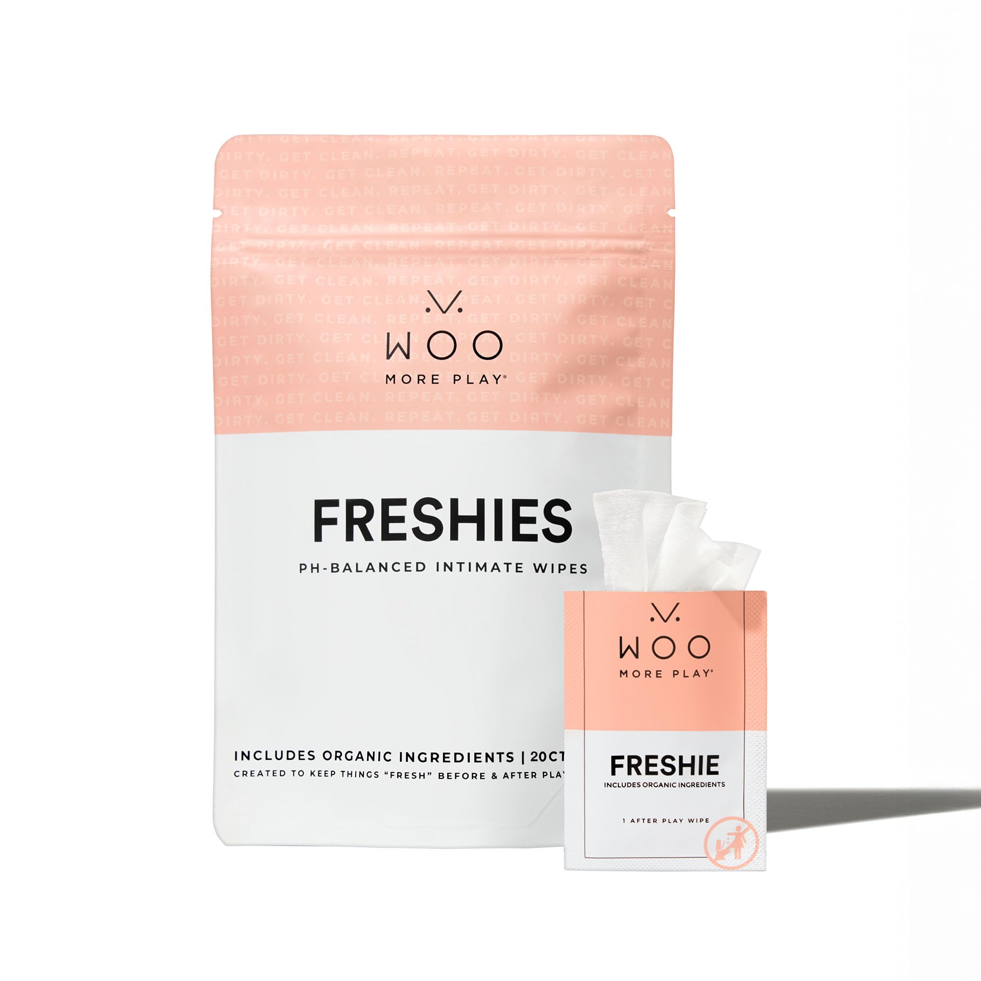 Woo More Play Freshies wipes with coconut water for on-the-go refreshment.