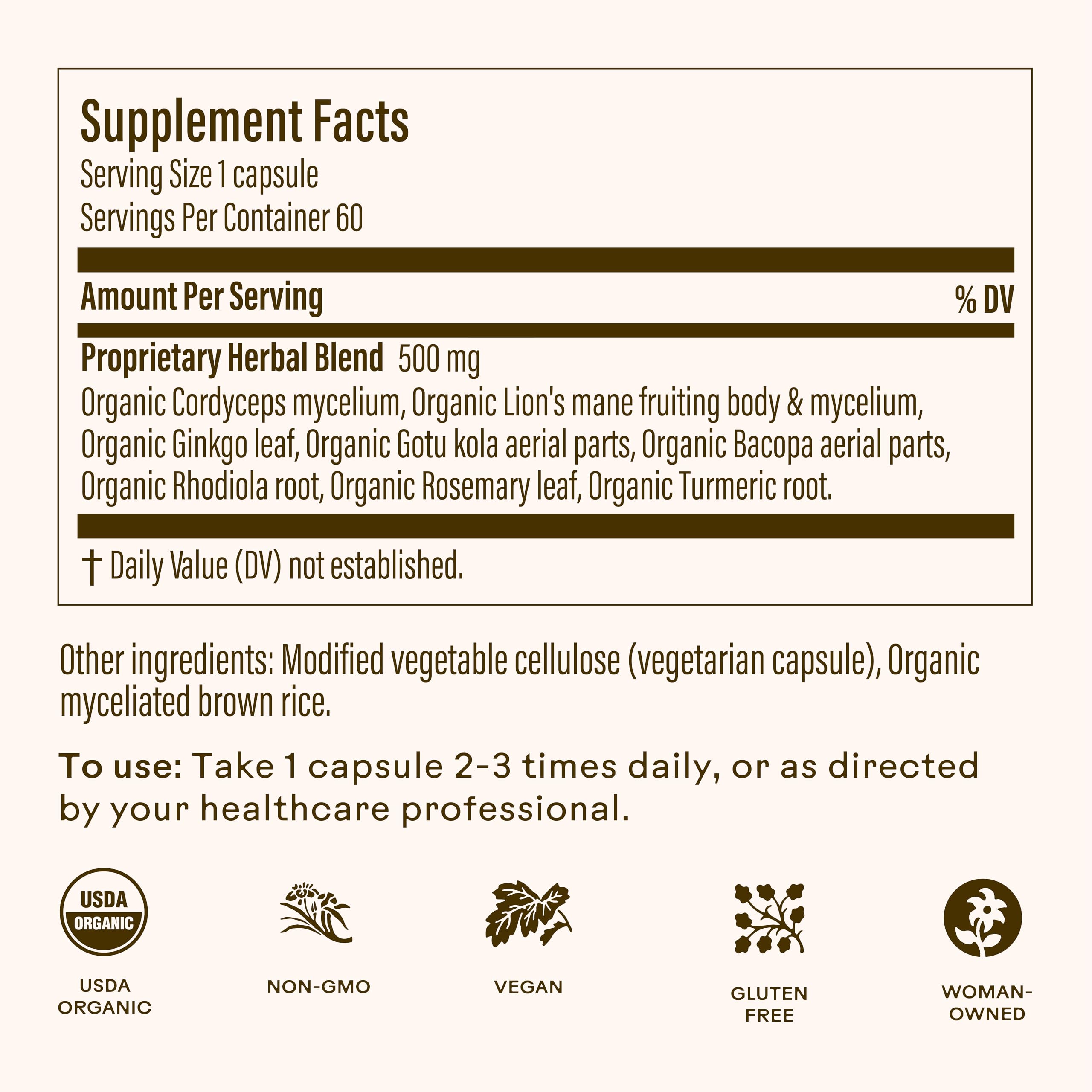 Wooden Spoon Brain Bloom capsules in hand, easy twice-daily support for attention.