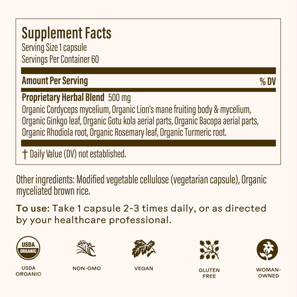 Wooden Spoon Brain Bloom capsules in hand, easy twice-daily support for attention.