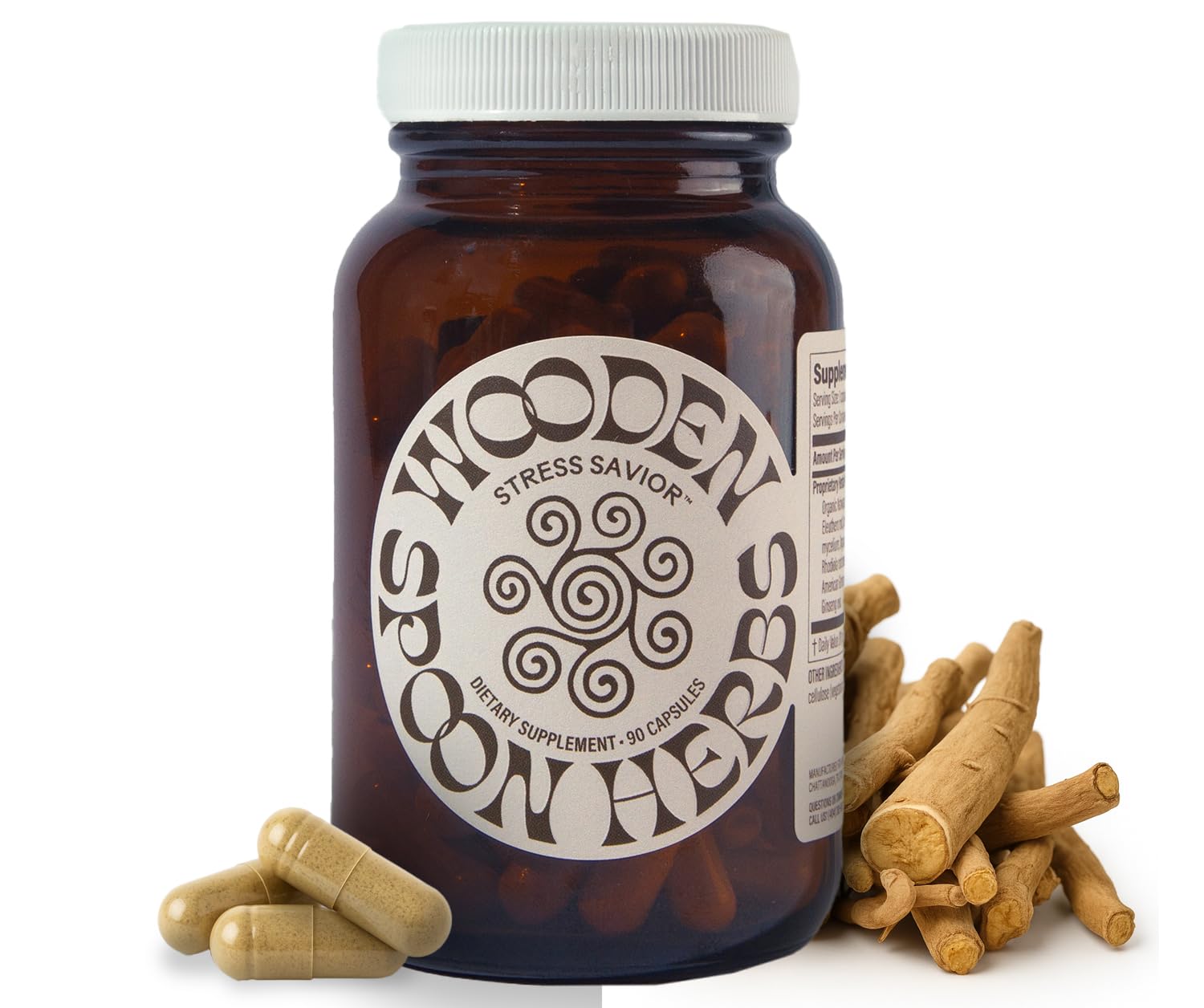 Wooden Spoon Herbs Stress Savior capsules close-up for daily calm support.
