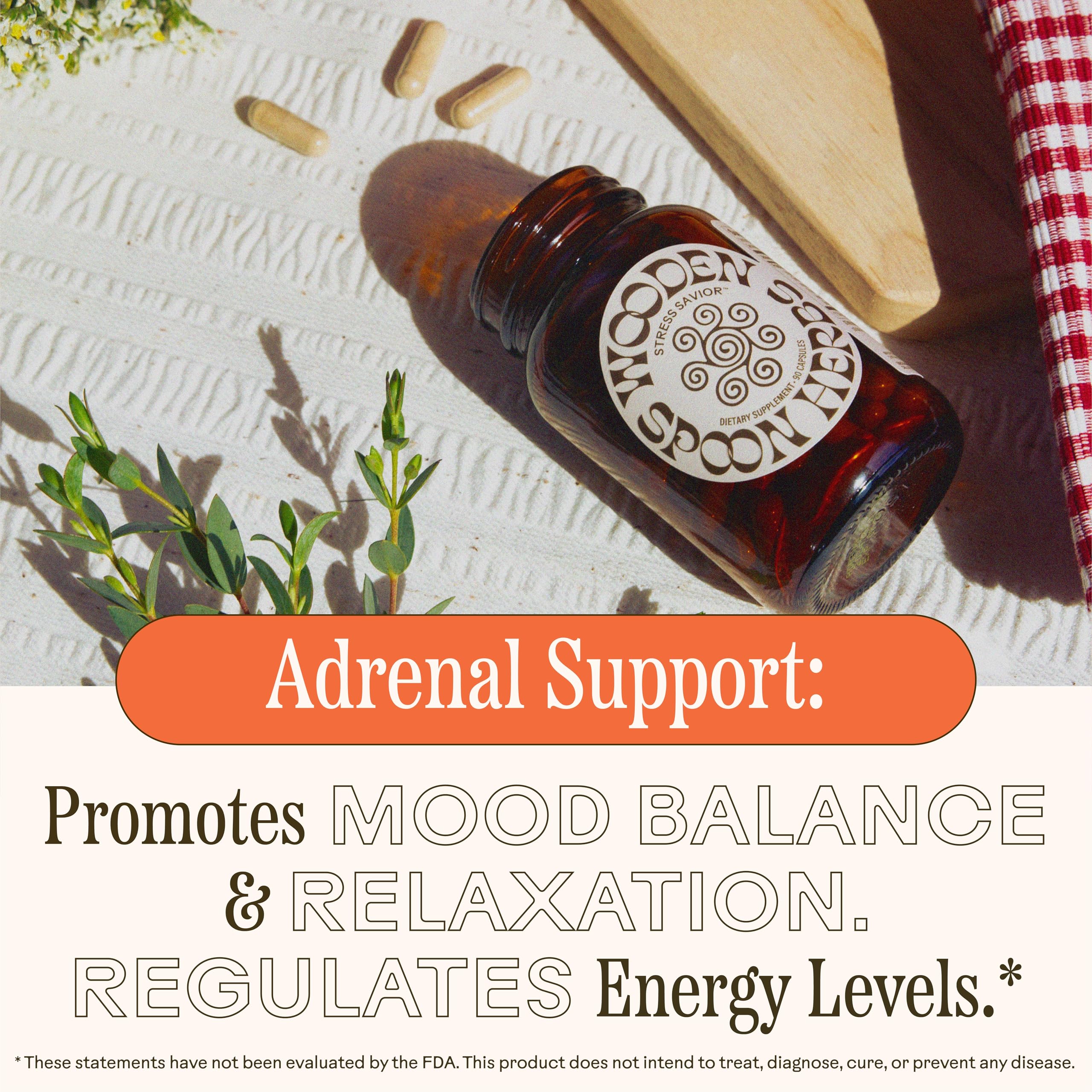 Wooden Spoon Herbs Stress Savior ingredients blend highlighting adaptogens.