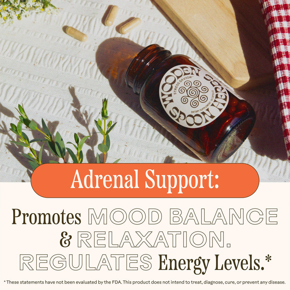 Wooden Spoon Herbs Stress Savior ingredients blend highlighting adaptogens.