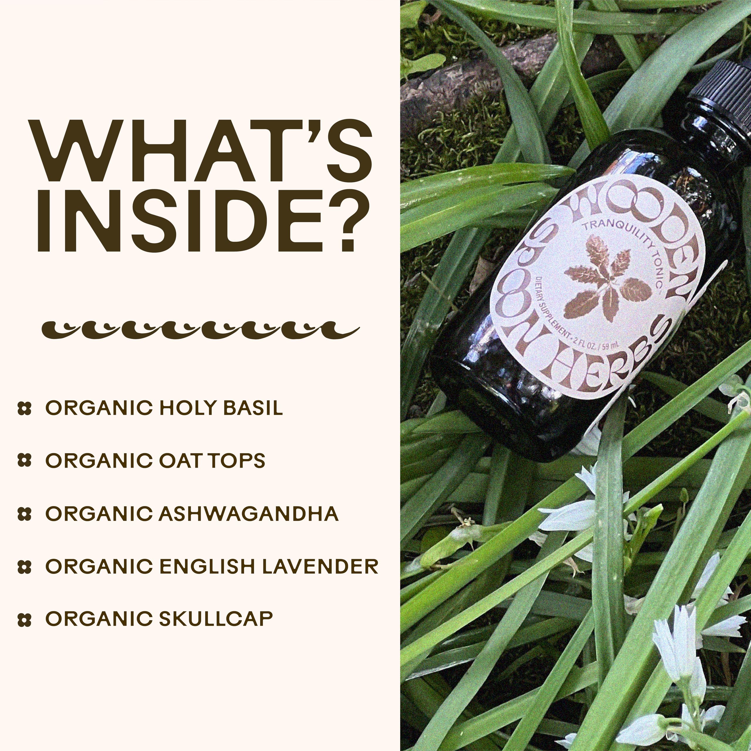 Ingredients list for Wooden Spoon Herbs Tranquility Tonic with skullcap and lavender.