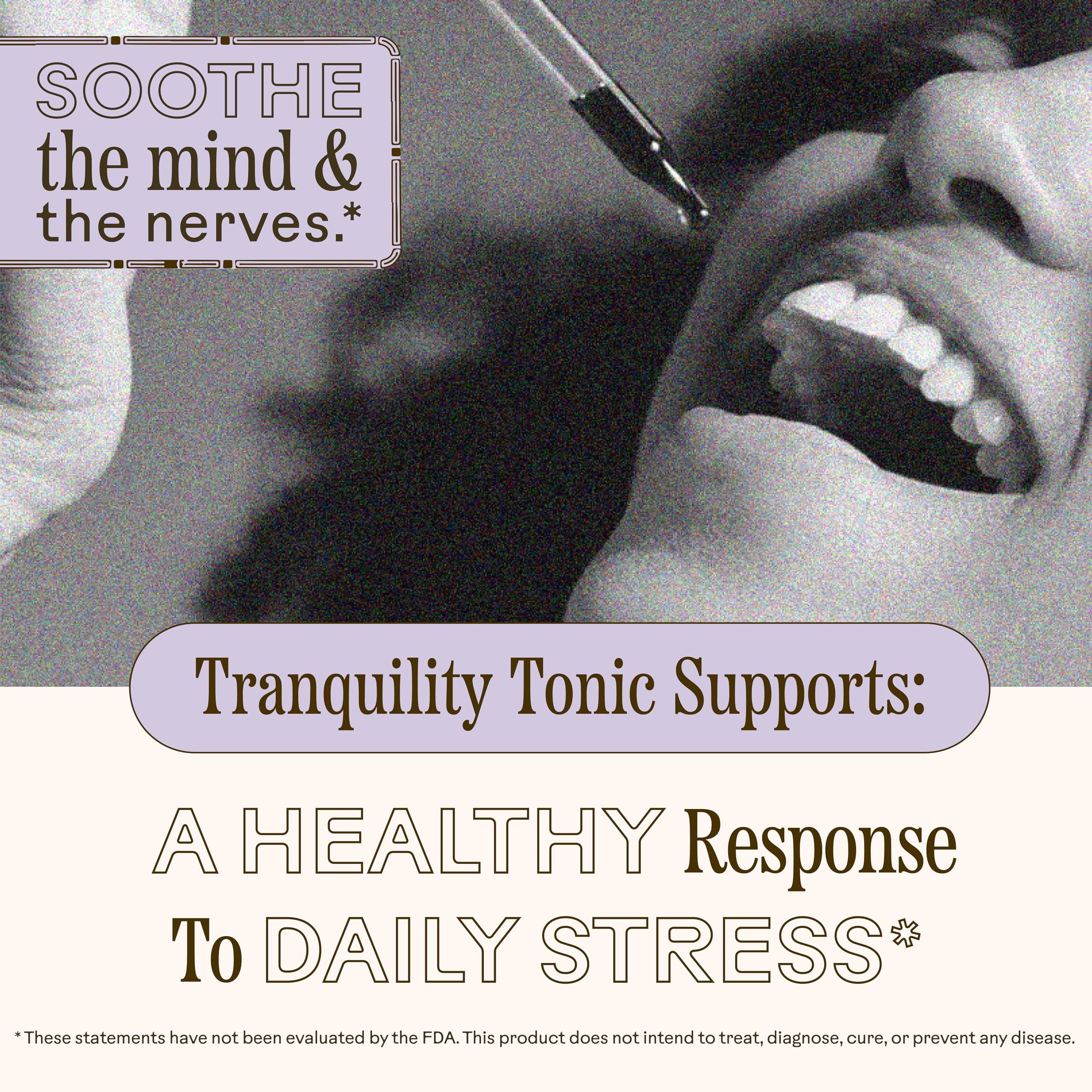 Tranquility Tonic label close-up highlighting organic ingredients and sleep support.
