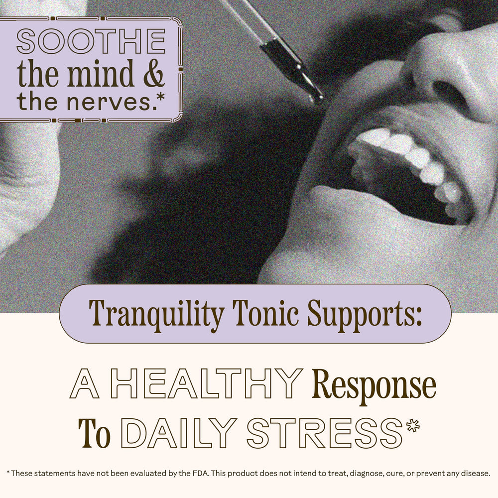 Tranquility Tonic label close-up highlighting organic ingredients and sleep support.