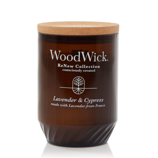 WoodWick Renew large lavender-cypress candle with a calming crackling wick.