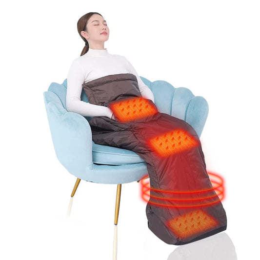 WOOLALA electric heating pad half-body with wearable wrap provides focused warmth for lap, knees, and feet.