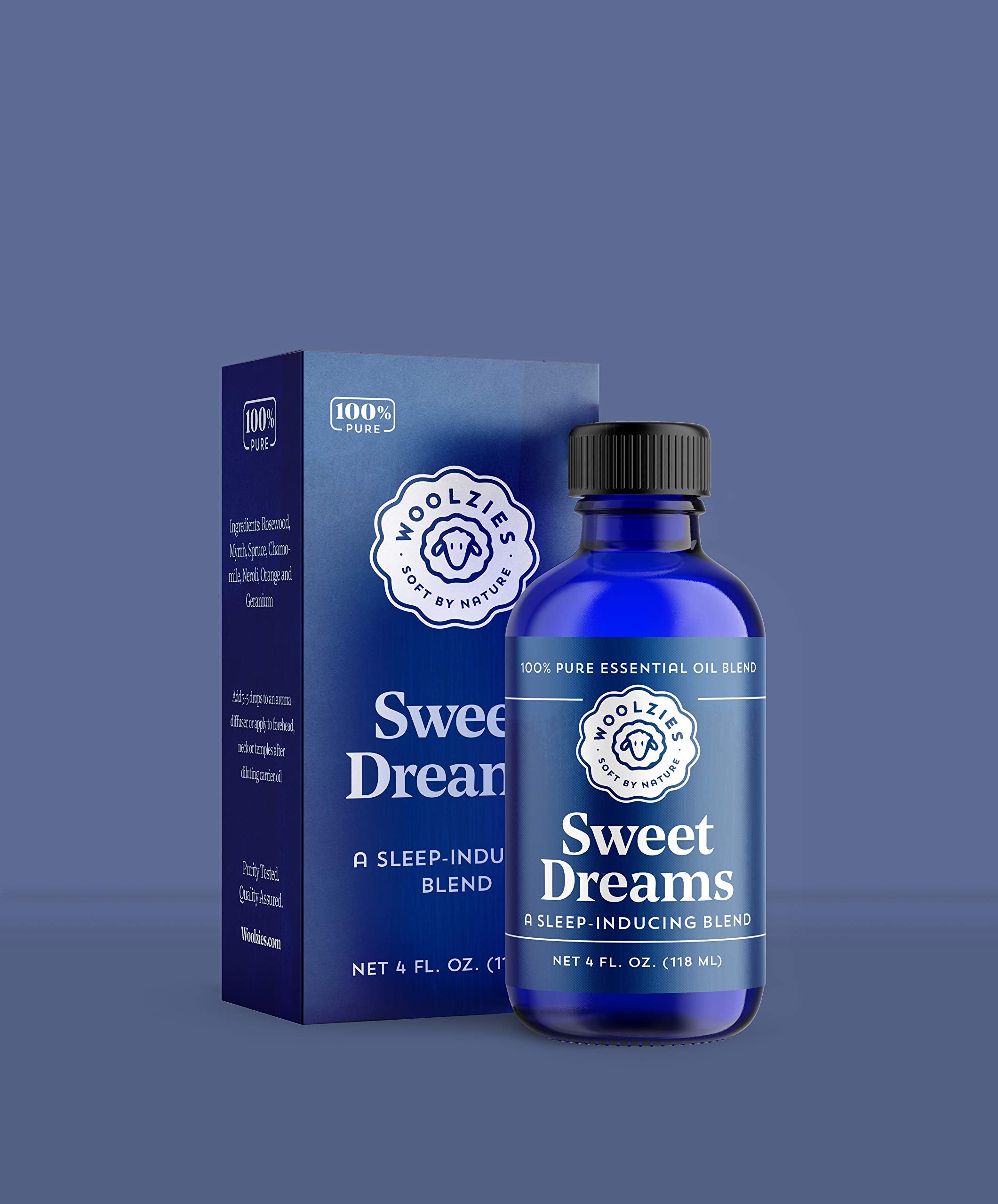 Woolzies Sweet Dreams diffuser on nightstand to create a soothing bedtime atmosphere.
