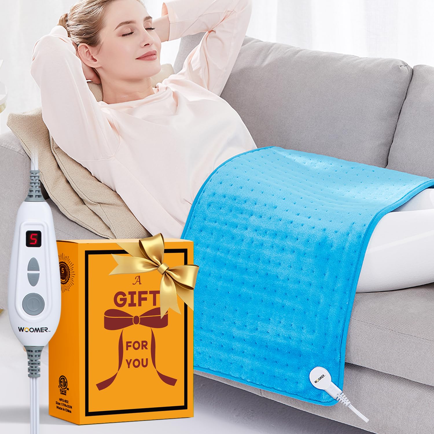 WOOMER extra-large heating pad covers the full back for targeted comfort and relaxation.