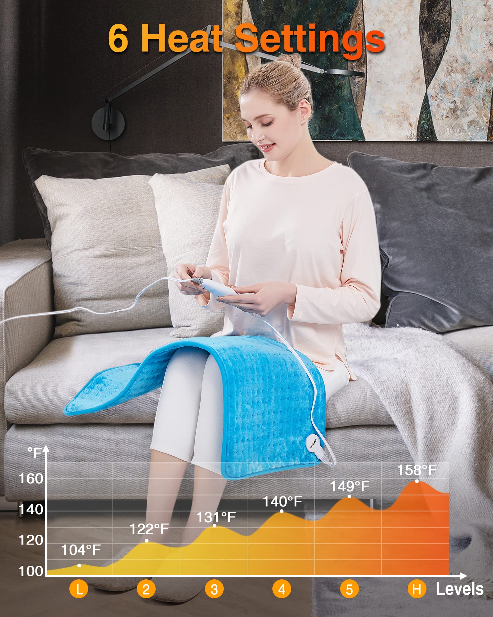 WOOMER extra-large heating pad focuses on shoulders and neck for comprehensive warmth.