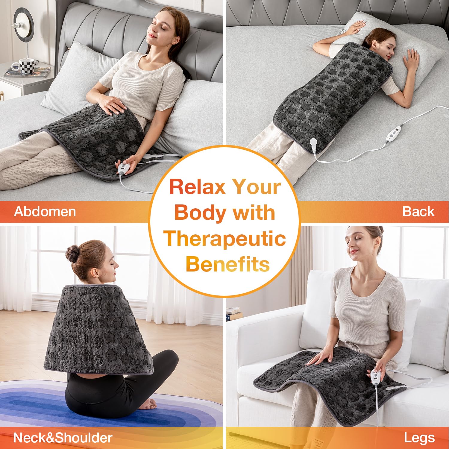 WOOMER heating pad side view showing broad coverage from neck to hips