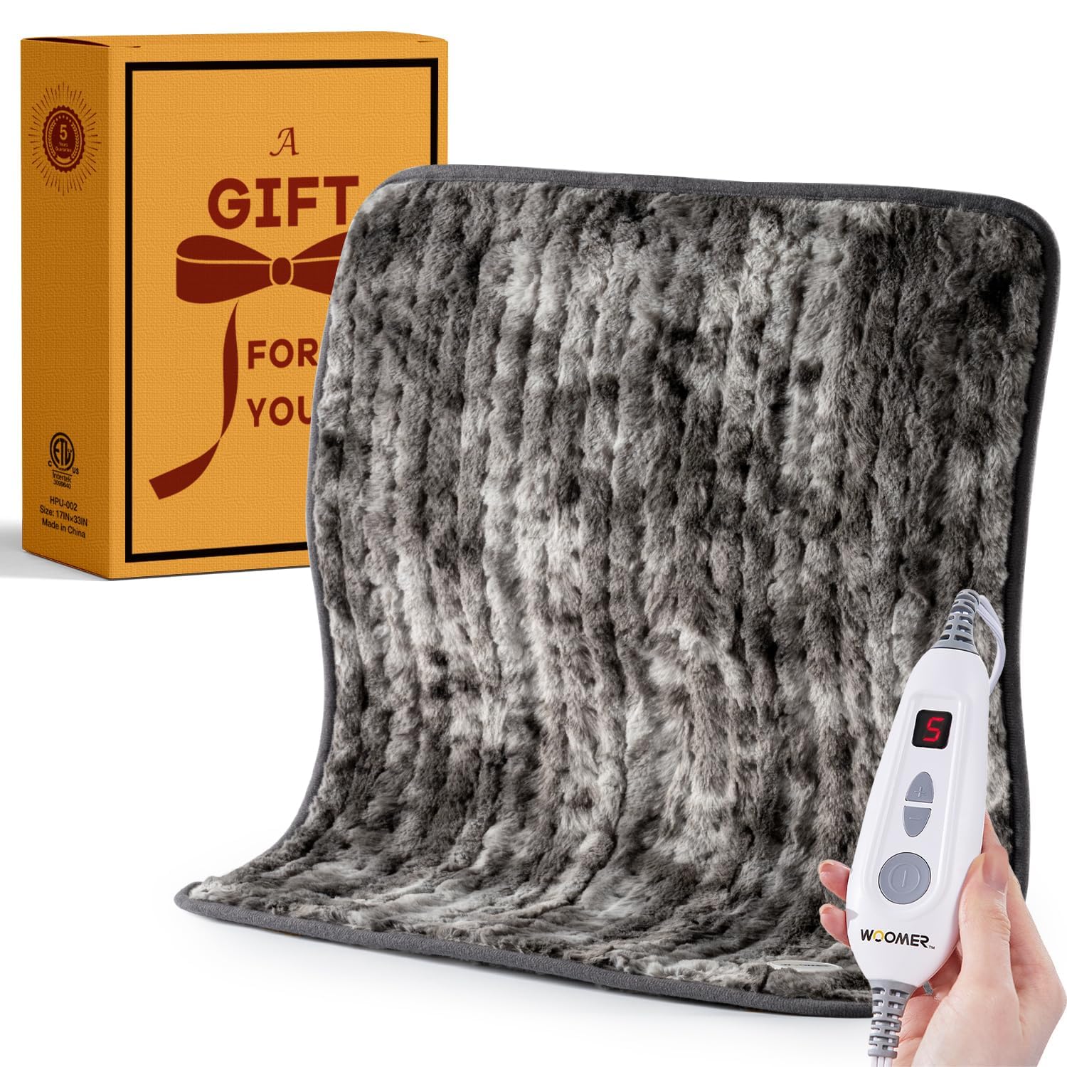Woomer heating pad in marble grey, full size for back and shoulder warmth.