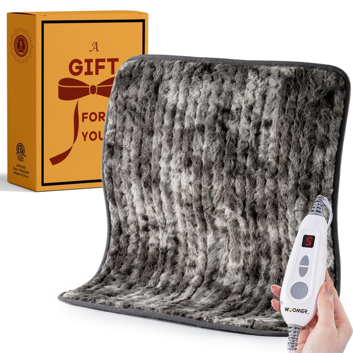 Woomer heating pad in marble grey, full size for back and shoulder warmth.