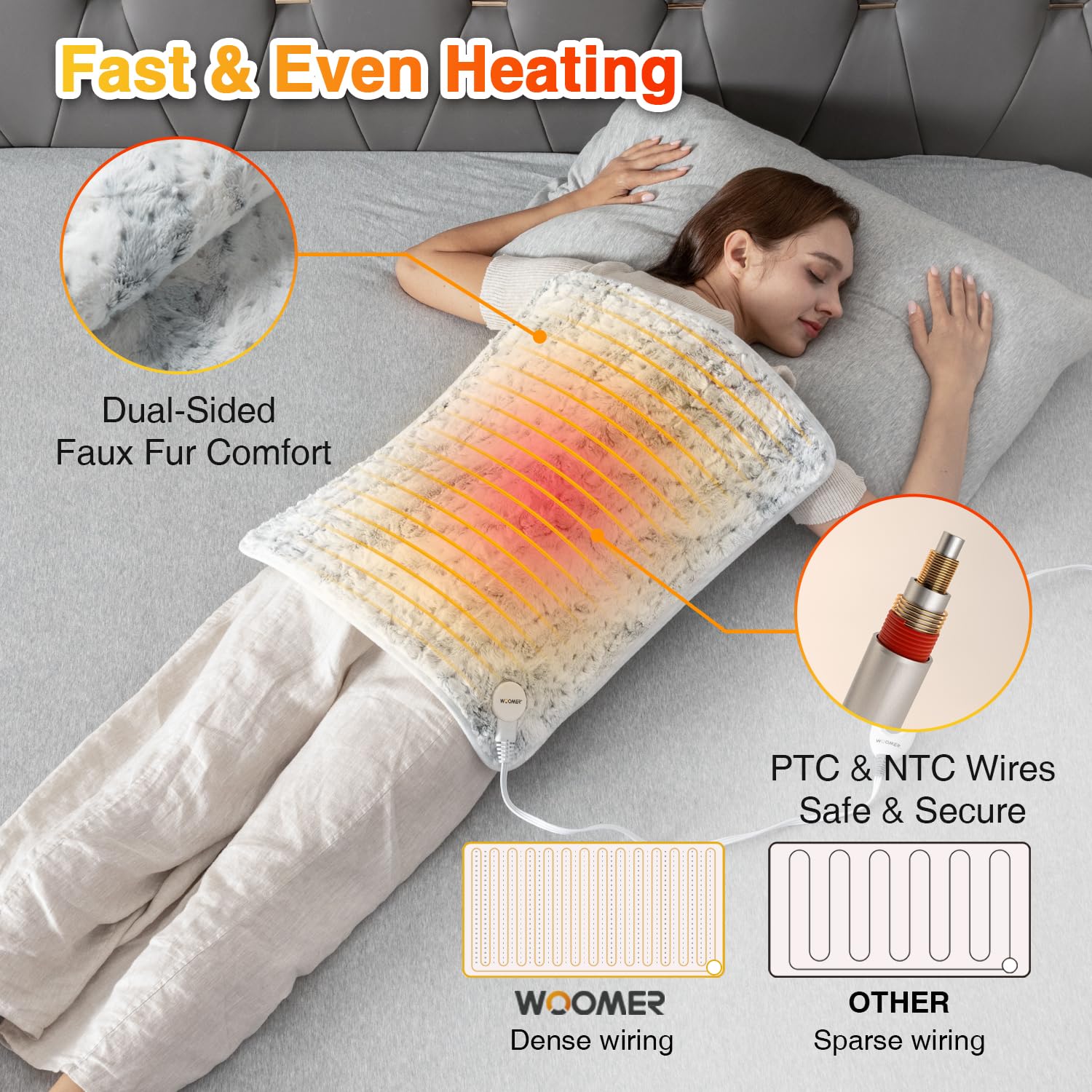 Woomer Heating Pad six-heat-levels enables customizable warmth.