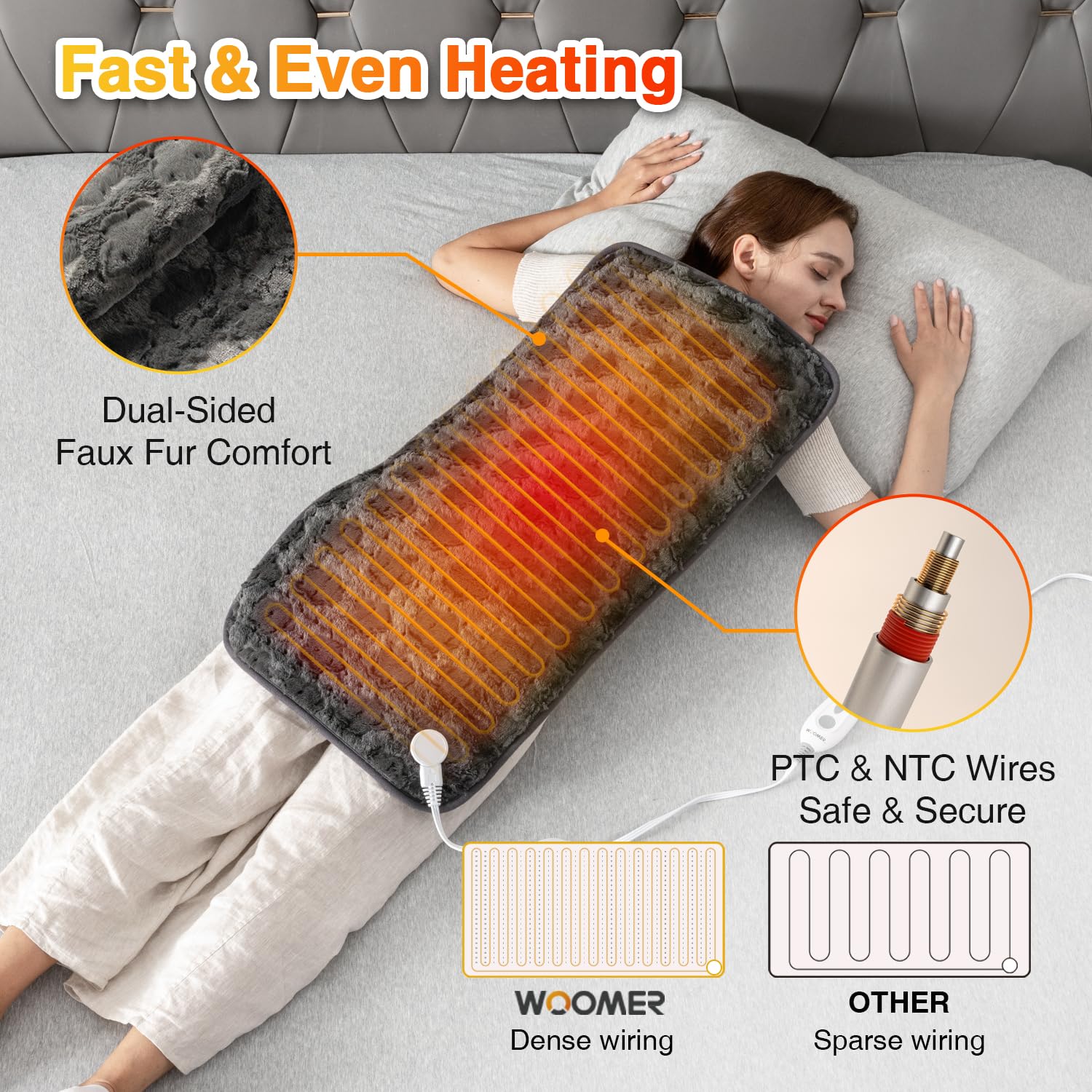 WOOMER heating pad two-sided faux fur design for all-around comfort