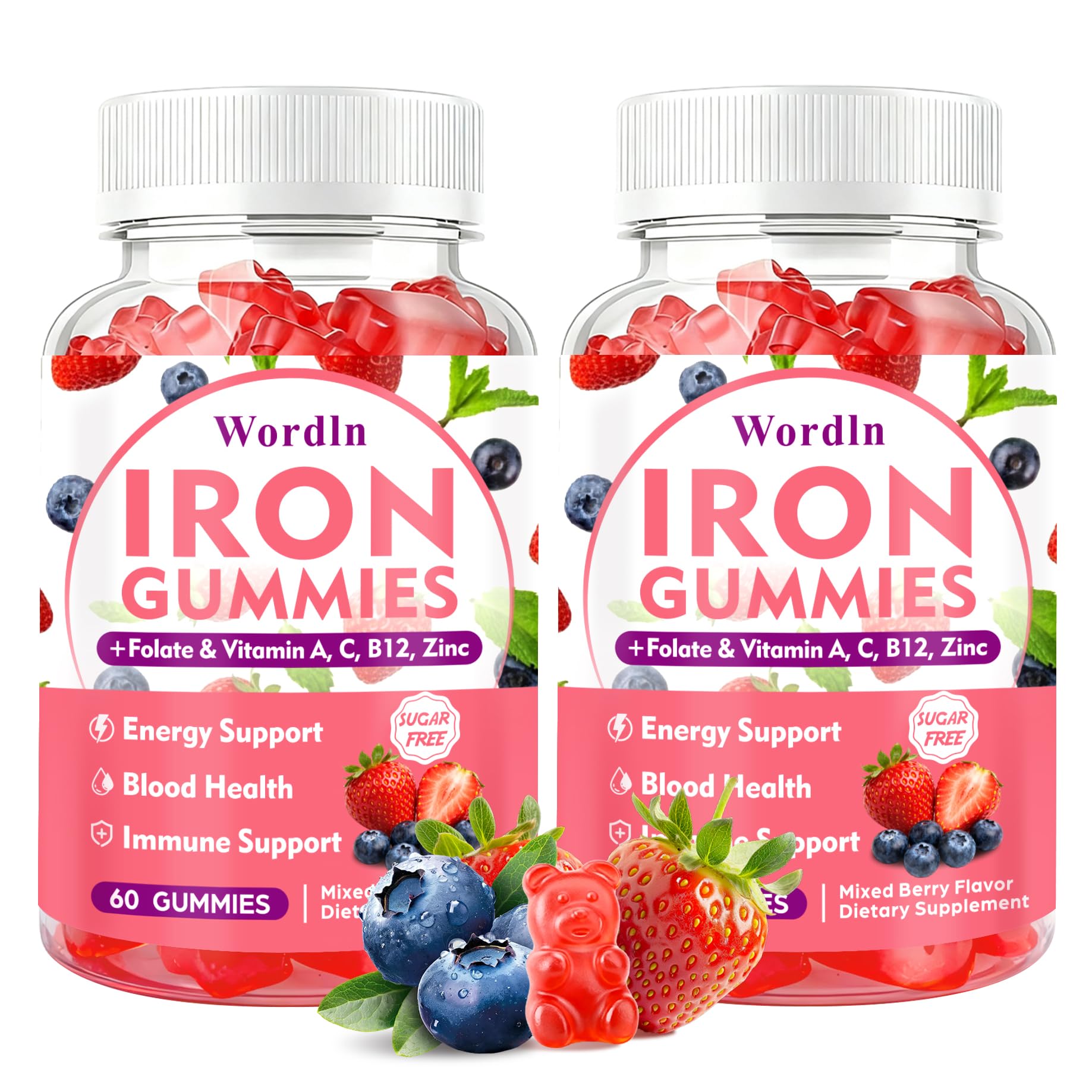 Wordln Iron Gummies bottle front shows vegan iron for energy support.