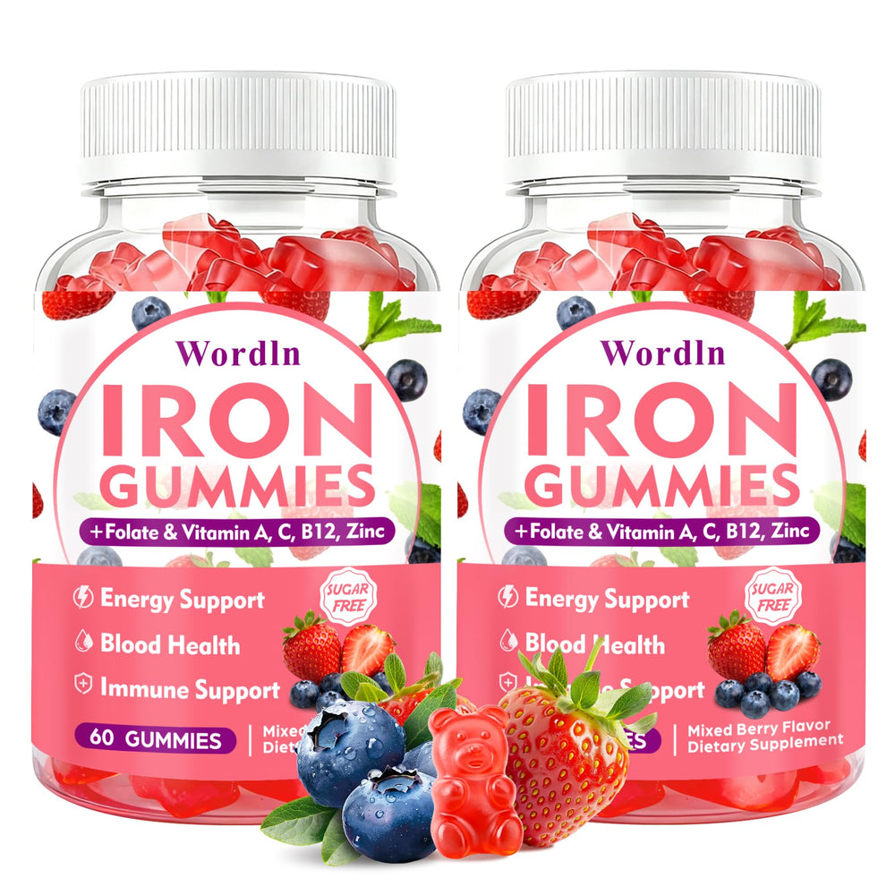 Wordln Iron Gummies bottle front shows vegan iron for energy support.